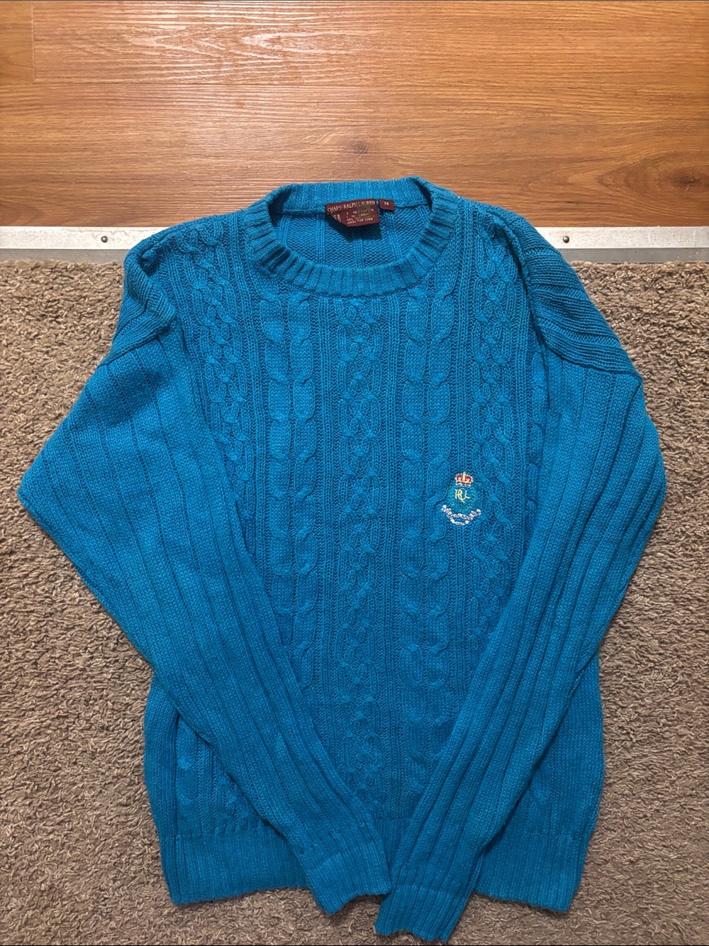 Chaps Ralph Lauren Woman Md Blue Cable-Knit Long Sleeve Sweater Embroidered Logo